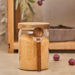 Fabrique de Styles Bocal avec cuillière et couvercle en verre borosilicate et acacia 90cl - Delices* Pots Et Bocaux