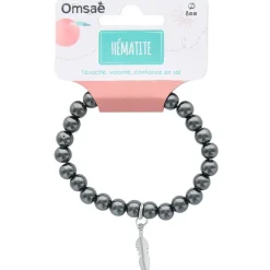Fabrique de Styles Bracelet hématite perles rondes 8mm et plume* Bijoux Fantaisie