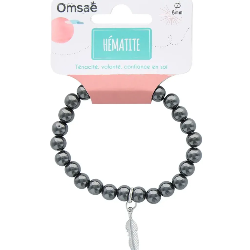 Fabrique de Styles Bracelet hématite perles rondes 8mm et plume* Bijoux Fantaisie