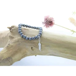 Fabrique de Styles Bracelet hématite perles rondes 8mm et plume* Bijoux Fantaisie