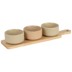 Fabrique de Styles Coupelles x3 en grès nude et plateau en hévéa - Sweet Leaves* Bols Et Coupelles