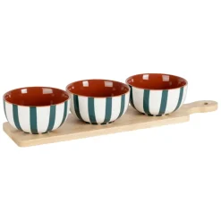 Fabrique de Styles Coupelles x3 en grès rayées émeraude et blanc avec planche d11cm - Alaria* Bols Et Coupelles