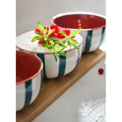 Fabrique de Styles Coupelles x3 en grès rayées émeraude et blanc avec planche d11cm - Alaria* Bols Et Coupelles