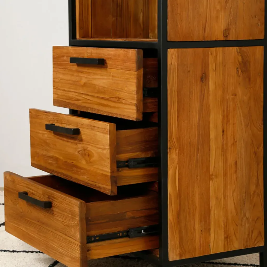 Fabrique de Styles Etagère en teck massif recycle avec 3 tiroirs H190cm - Alix* Bibliothèques Et Étagères