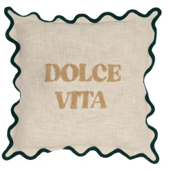 Fabrique de Styles Housse de coussin brodée dolce vita en coton beige et émeraude 45x45cm - Lumi* Coussins Et Housses