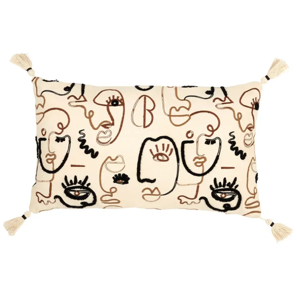 Fabrique de Styles Housse de coussin rectangulaire visage brodée écru, et noir 50x30cm - terre brulée* Coussins Et Housses