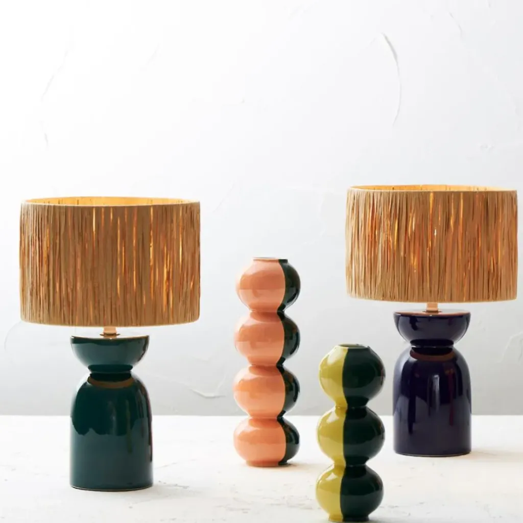 Fabrique de Styles Lampe en raphia naturel et céramique émeraude h38cm - Palma* Lampes À Poser