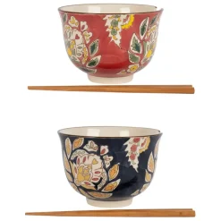 Fabrique de Styles Lot de 2 bols et baguettes en grès et bambou d13xh9.5cm - Orchila* Bols Et Coupelles