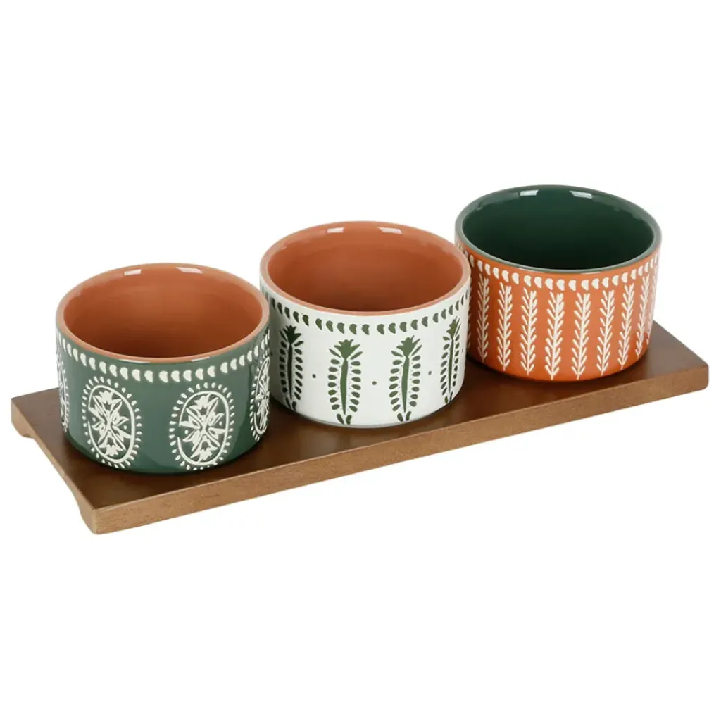 Fabrique de Styles Lot de 3 coupelles en grès et plateau terracotta, vert et blanc - romance vegetal* Bols Et Coupelles