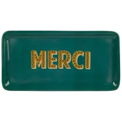 Fabrique de Styles Plateau "merci" en fer émeraude et moutarde 30x15cm - Pop'S* Plateaux