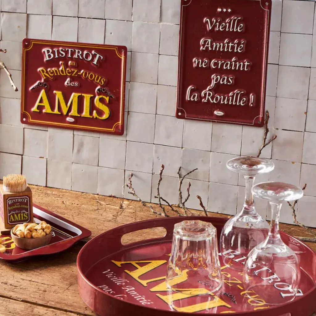 Fabrique de Styles Plateau rond rouge et jaune d33cm - Bistrot Des Amis* Plateaux