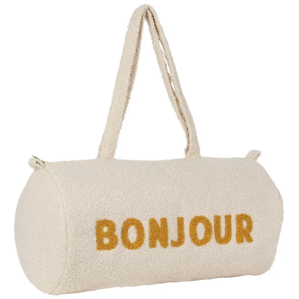 Fabrique de Styles Sac weekend " Bonjour " en bouclette écru - Funky* Sacs Et Cabas