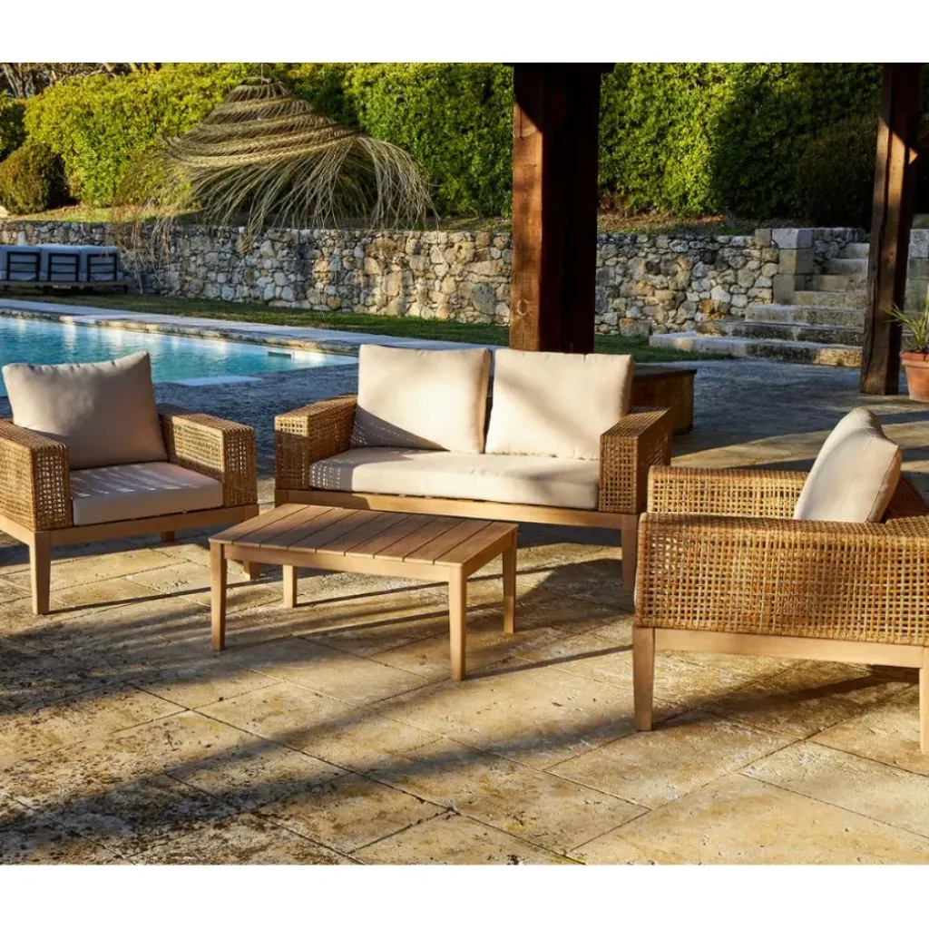 Fabrique de Styles Salon de jardin 4 places en cannage et acacia brossé et coussins beige - Olinda*Enfant Salons De Jardin|Jardin