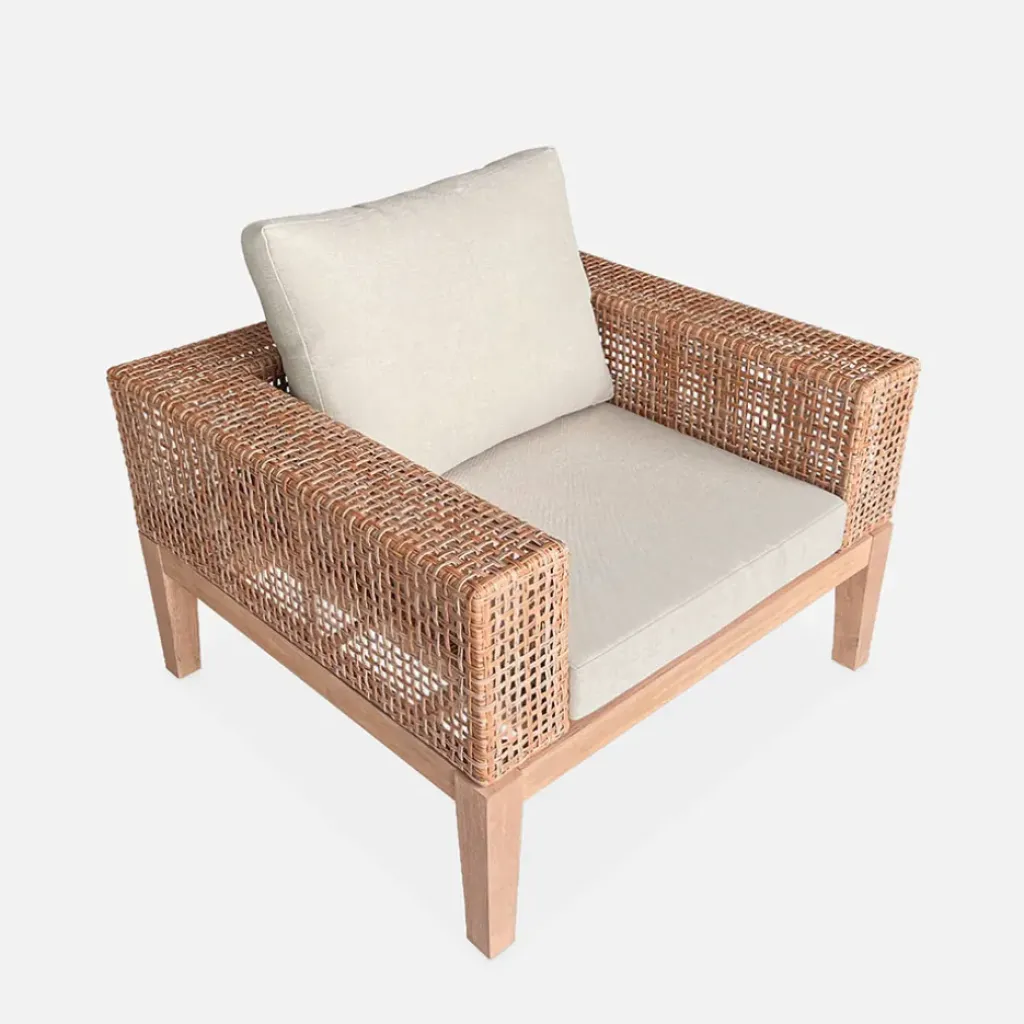 Fabrique de Styles Salon de jardin 4 places en cannage et acacia brossé et coussins beige - Olinda*Enfant Salons De Jardin|Jardin