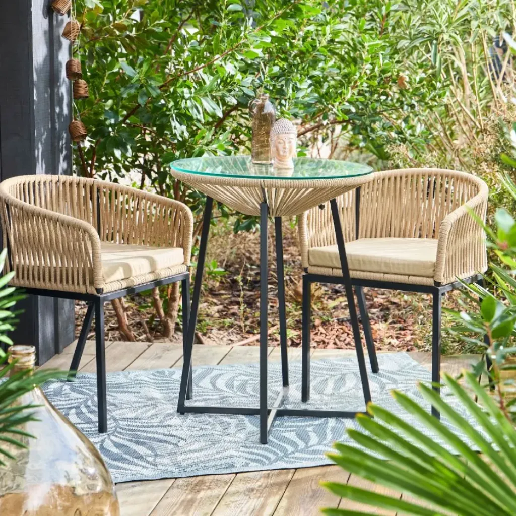 Fabrique de Styles Table bar extérieur rond en fer et verre beige et noir d61cm - Baleares*Enfant Tables De Jardin|Jardin