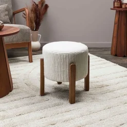 Fabrique de Styles Tabouret en tissu côtelé beige et bois d'acacia - Scarlett* Poufs Et Tabourets