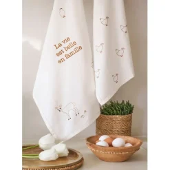 Fabrique de Styles Torchon en coton écru et brun 70x50cm - La Ferme* Torchons, Tabliers Et Maniques